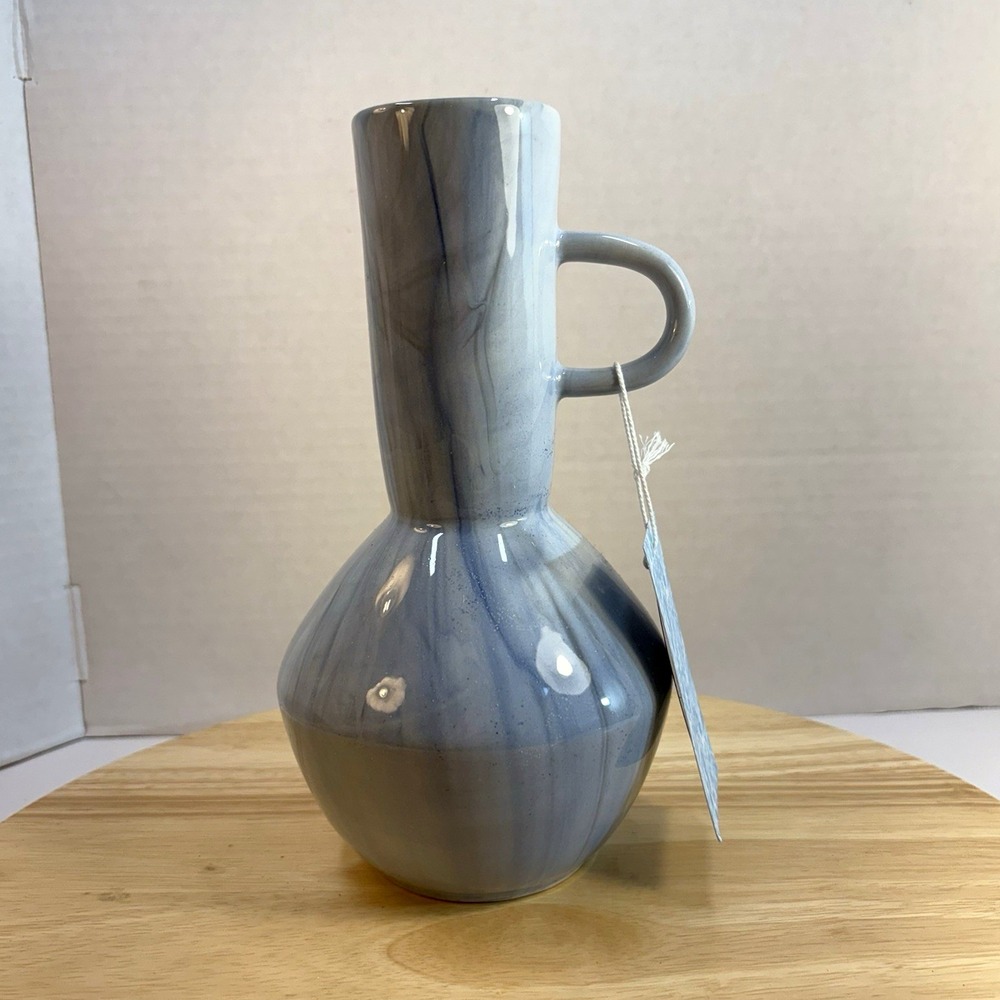 Marbled Blue Gray Ceramic Bottle Bud Vase w/ Side Handle 9.25in Glossy